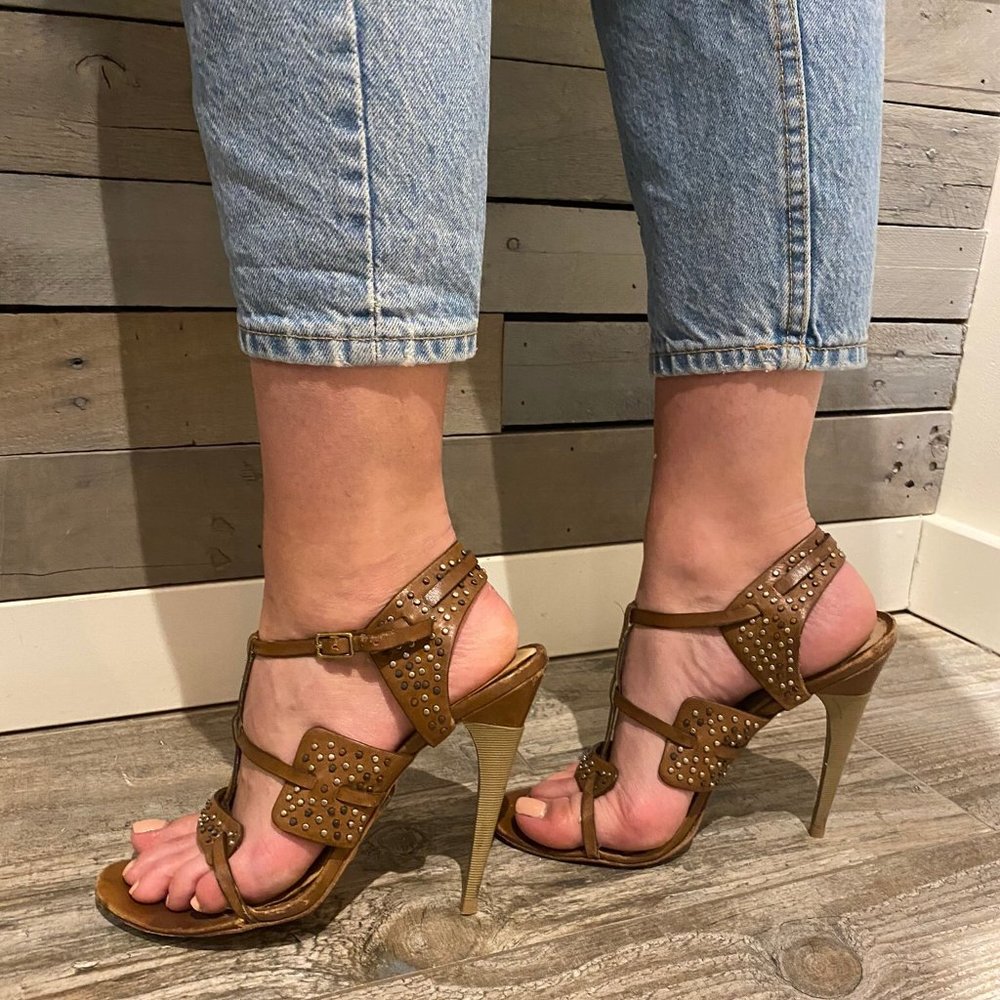 L.A.M.B. Caged + Studded Sandal Heel in Brown